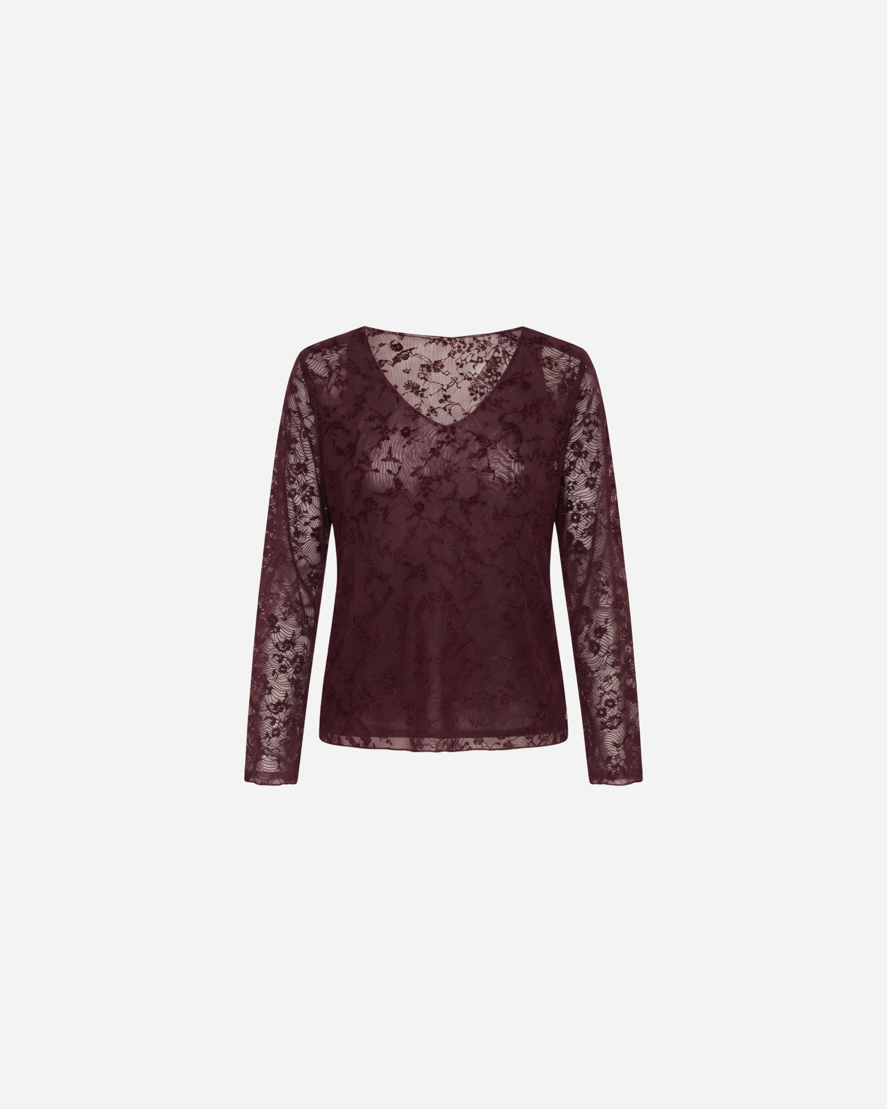 MESH TOP FLOWERS V-HALS BURGUNDY
