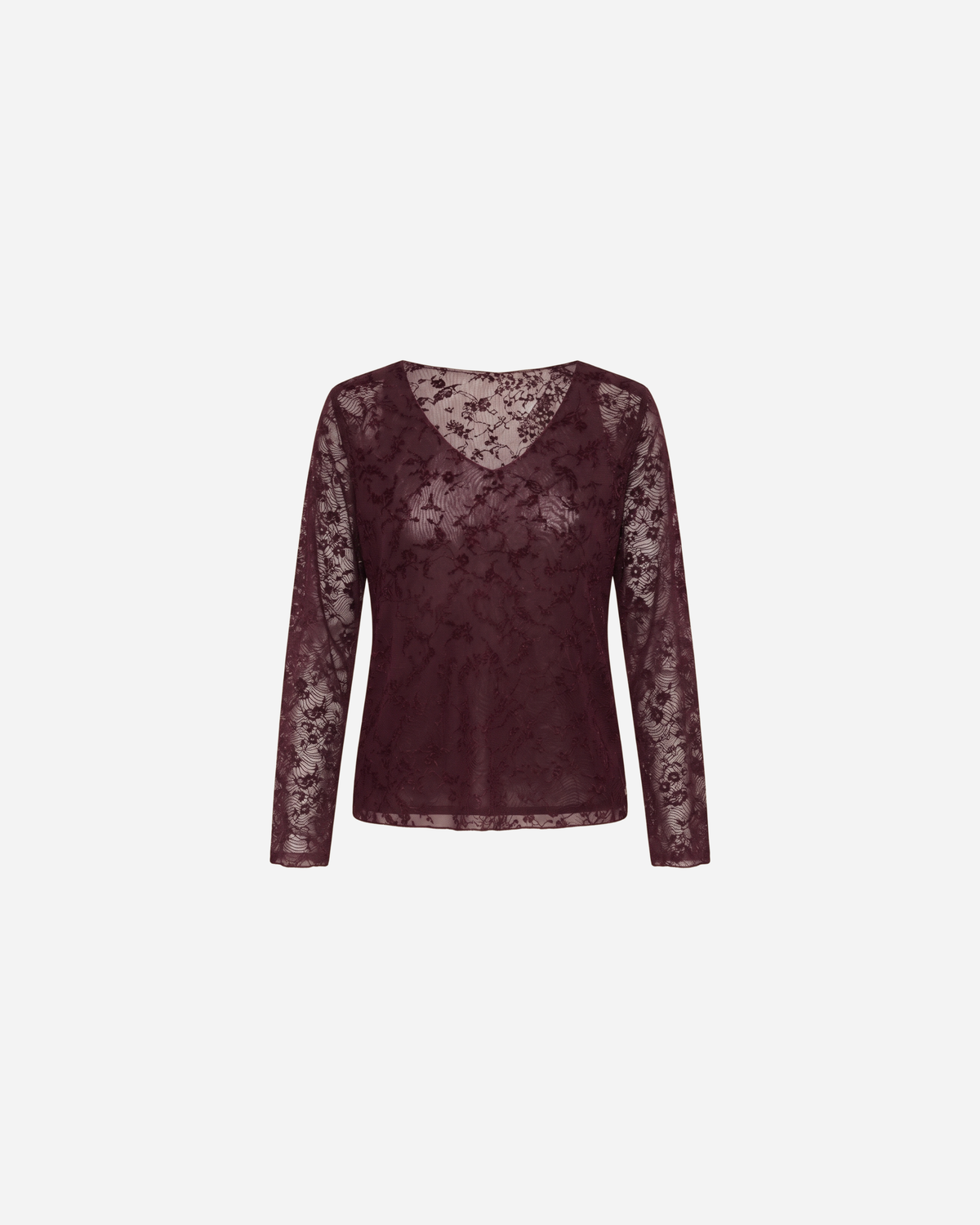 MESH TOP FLOWERS V-HALS BURGUNDY