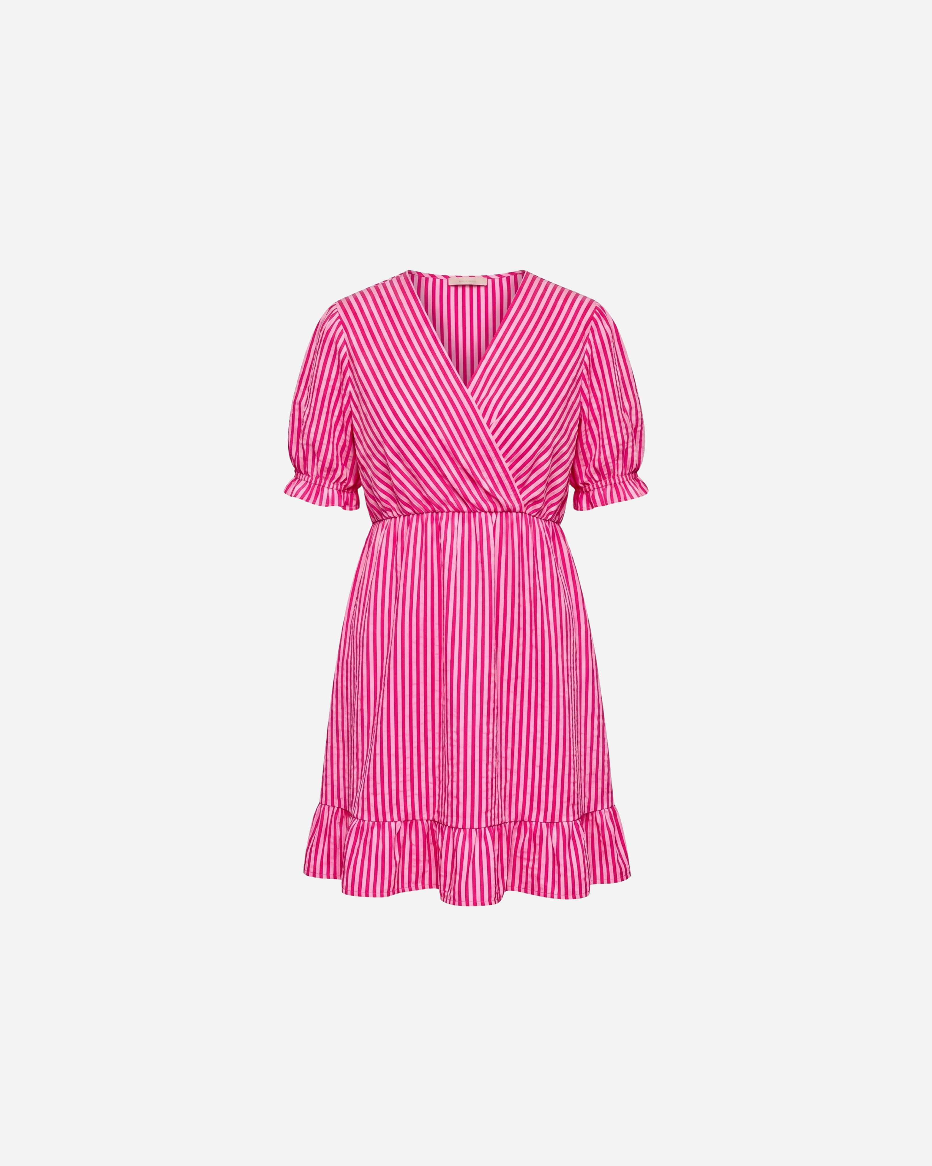 KATOENEN MOUSSELINE STREEP JURK FUCHSIA