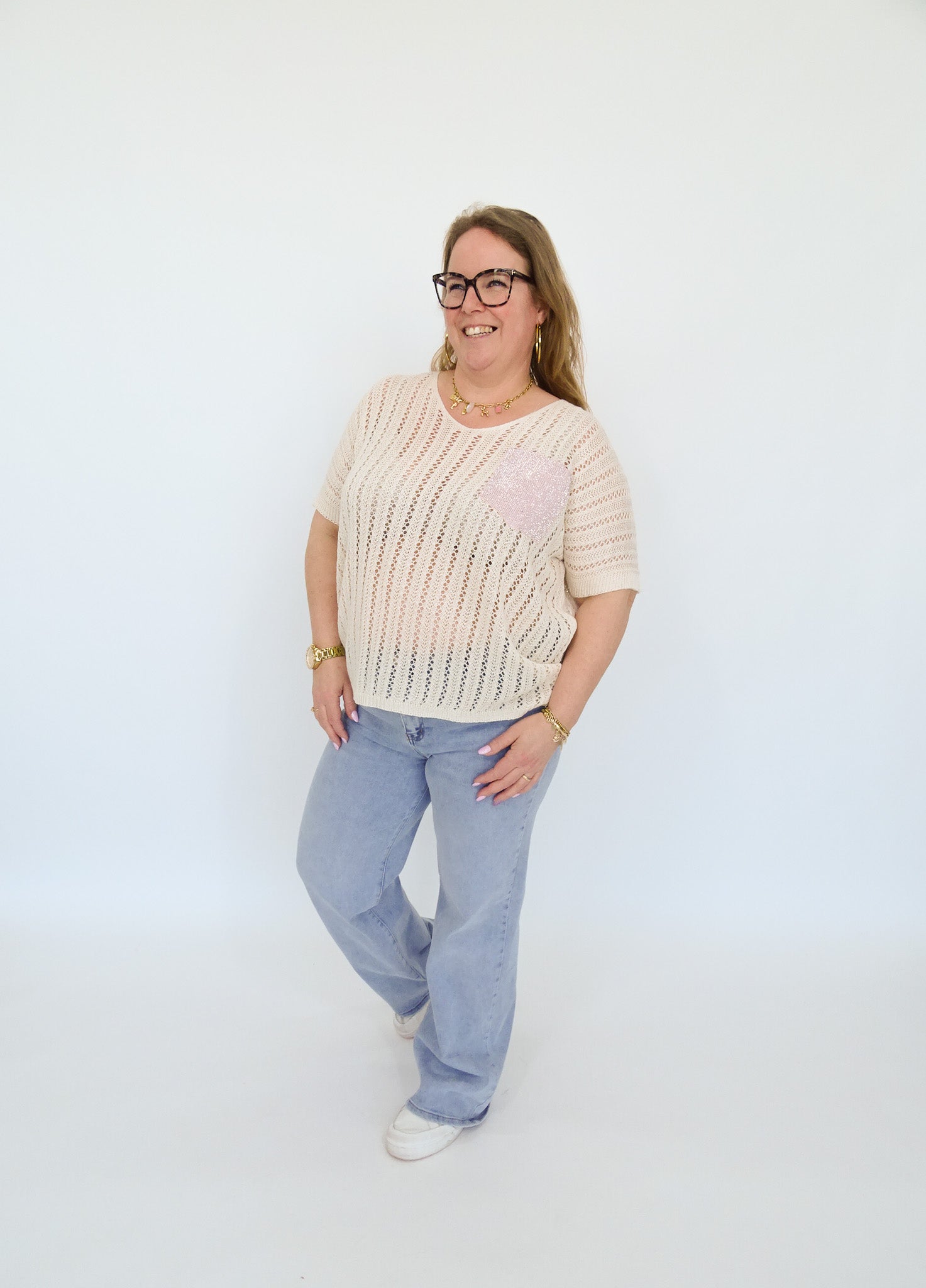 GEBREID T-SHIRT MET GLITTERZAKJE - 1986