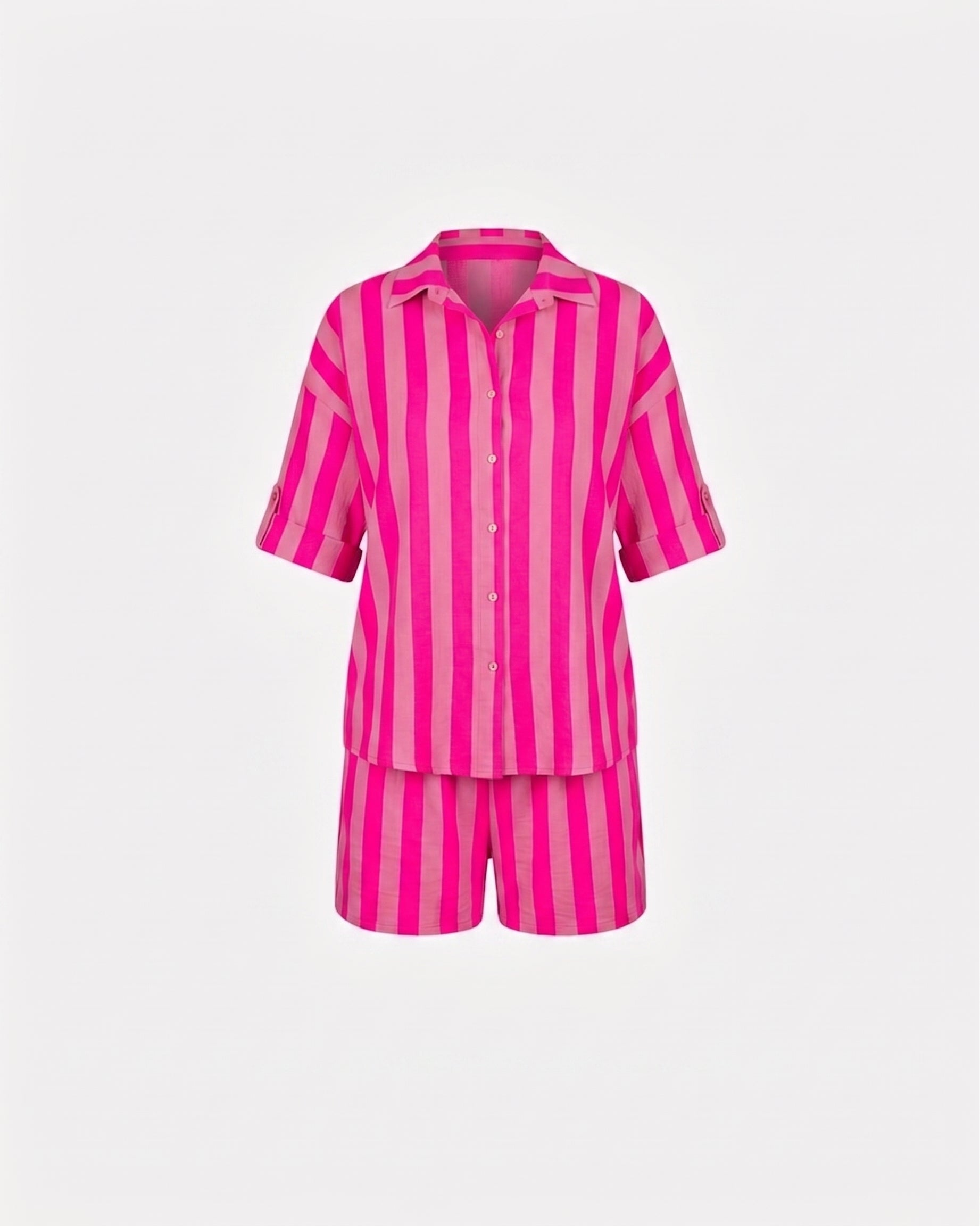 KATOENEN MOUSSELINE STREEP SET FUCHSIA/ROZE