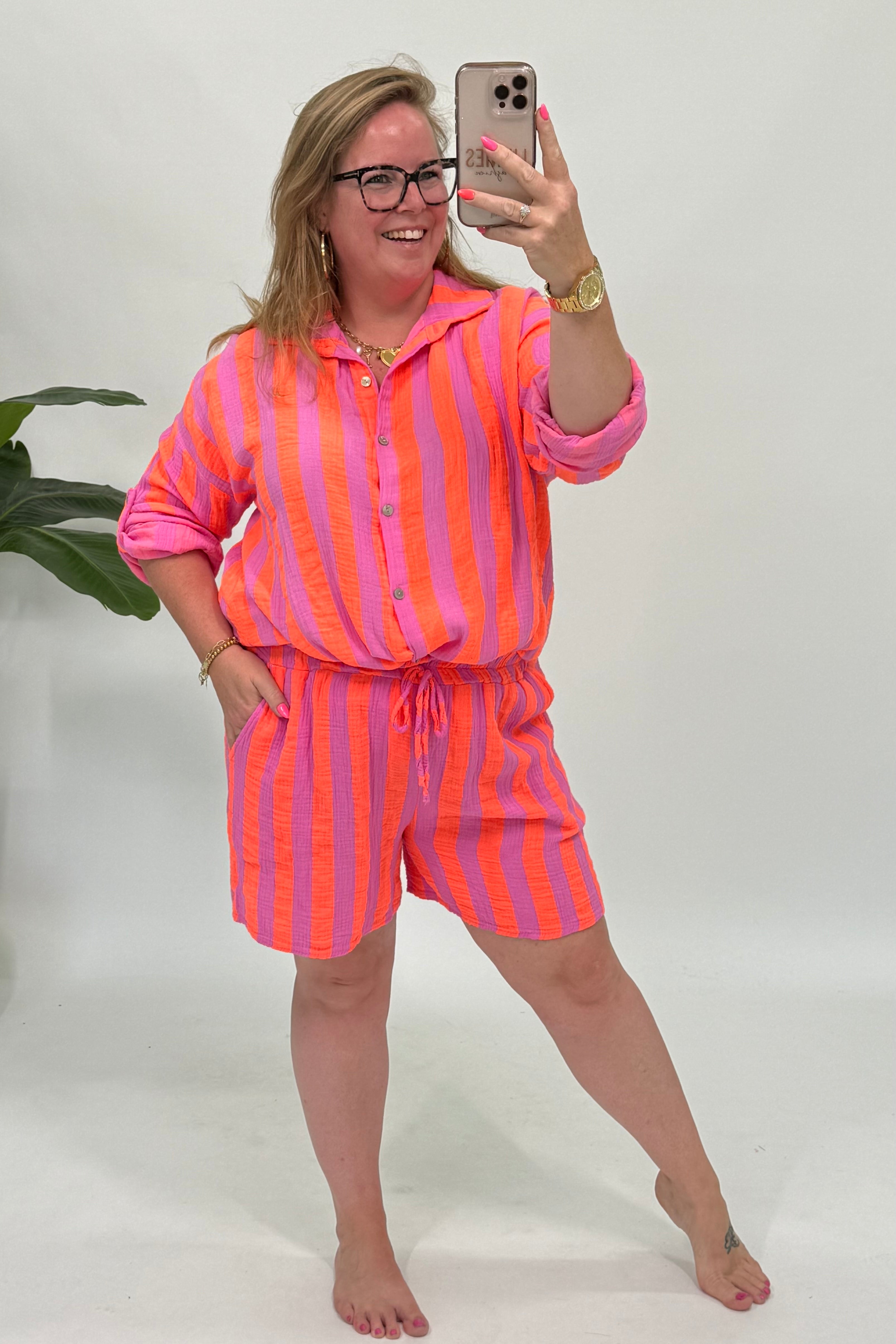 KATOENEN MOUSSELINE STREEP SET ORANJE/ROZE