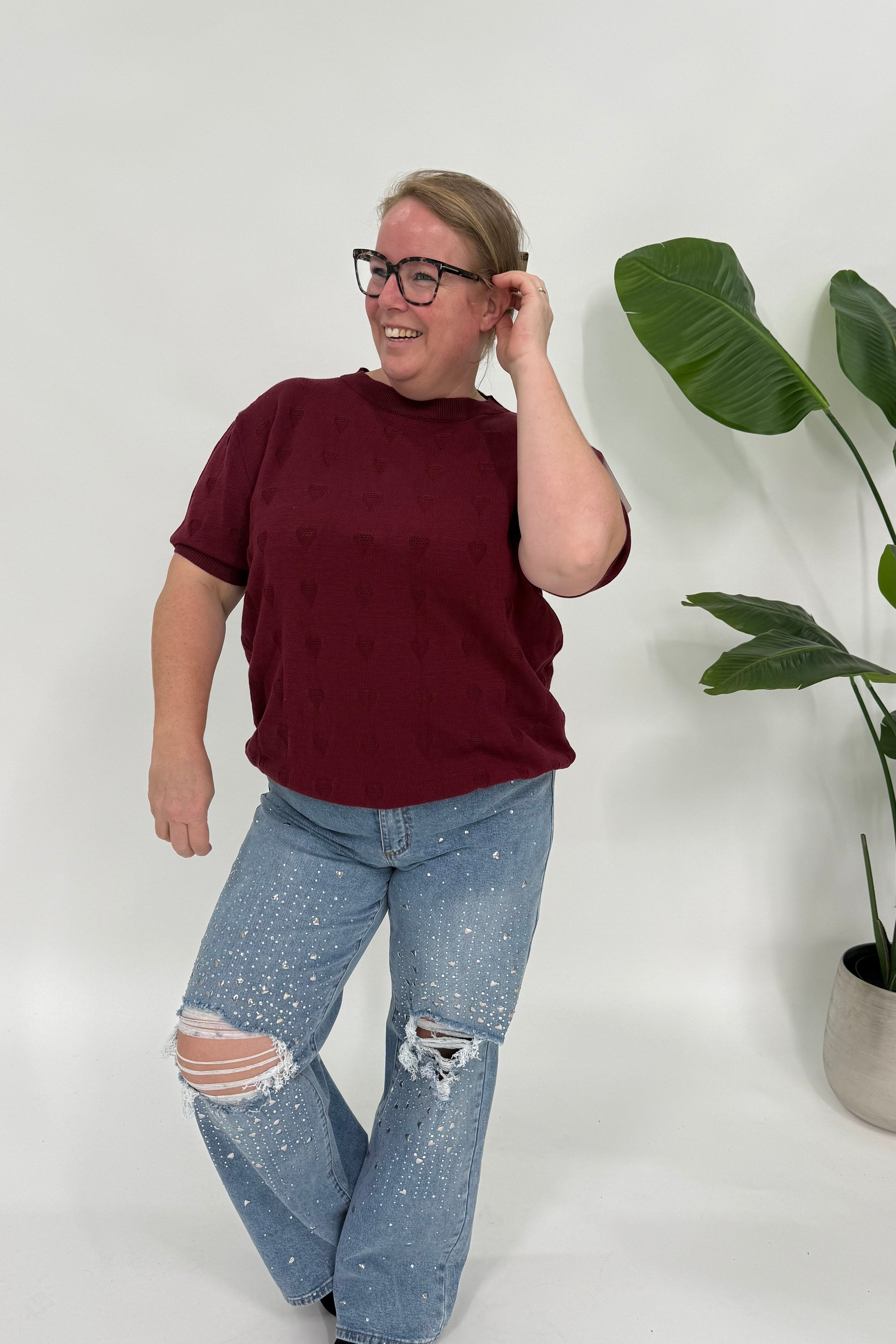 ZACHTE TOP MET HARTJES BURGUNDY