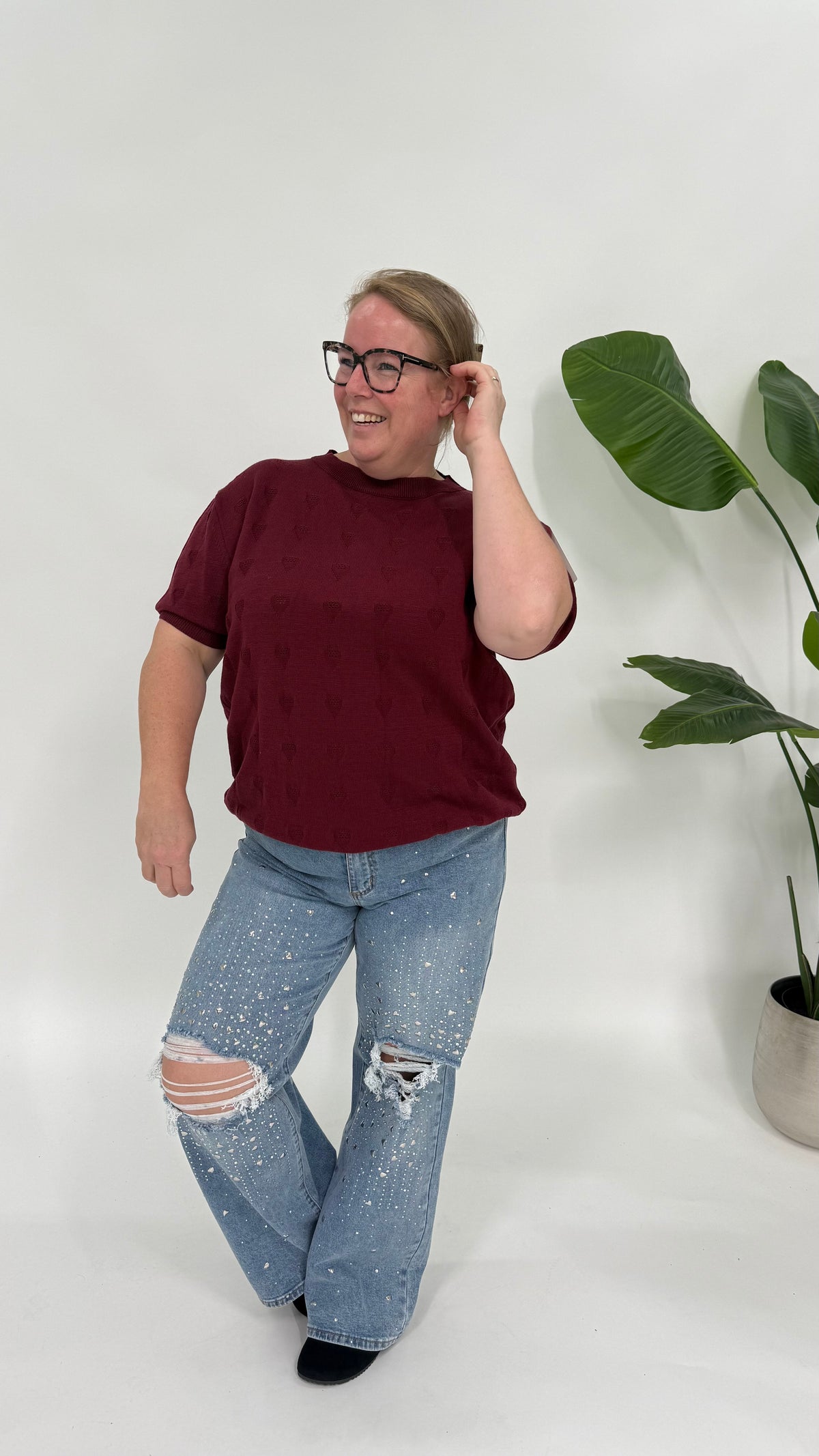 ZACHTE TOP MET HARTJES BURGUNDY