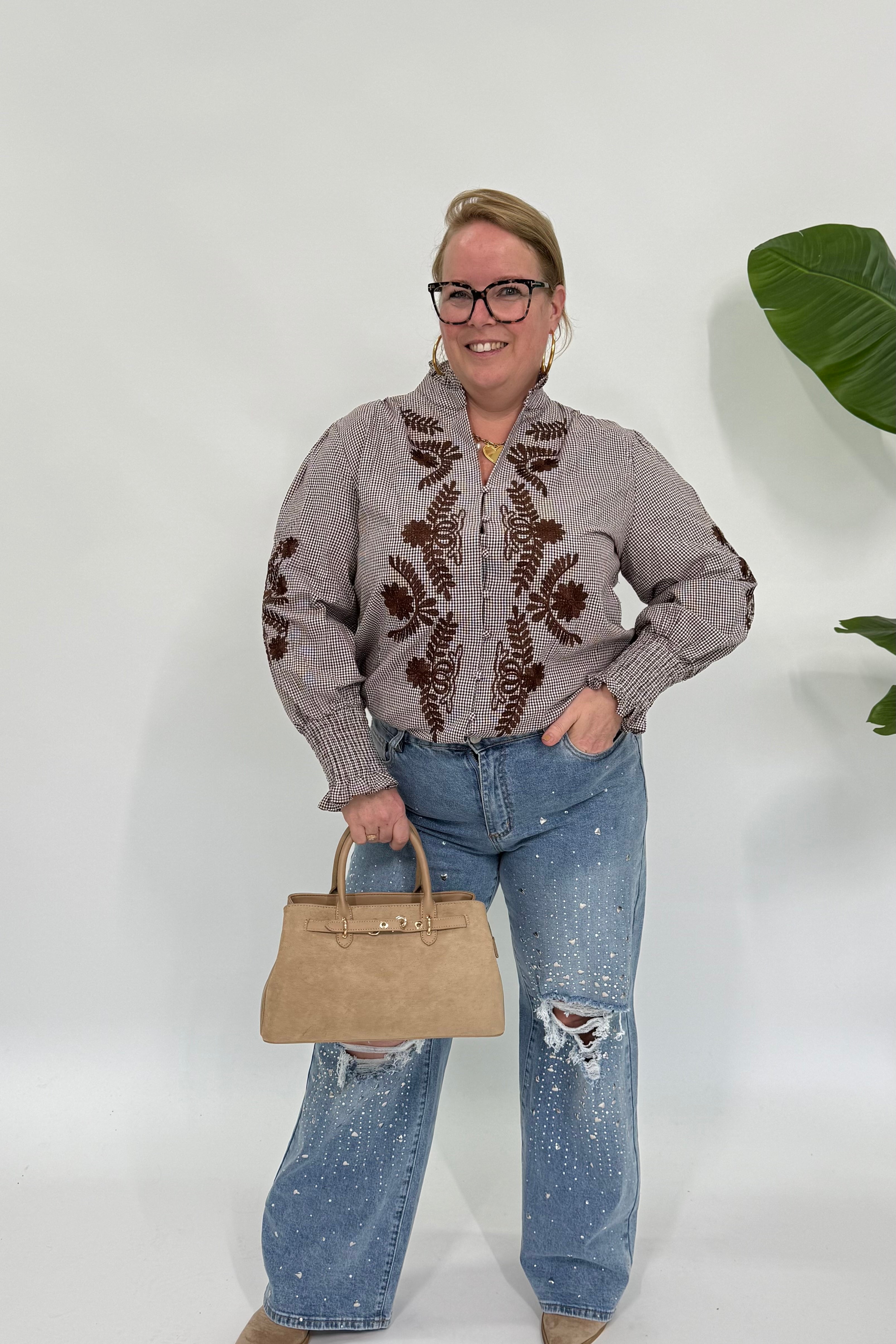 RUITJES BLOUSE MET BLOEMEN ESPRESSO