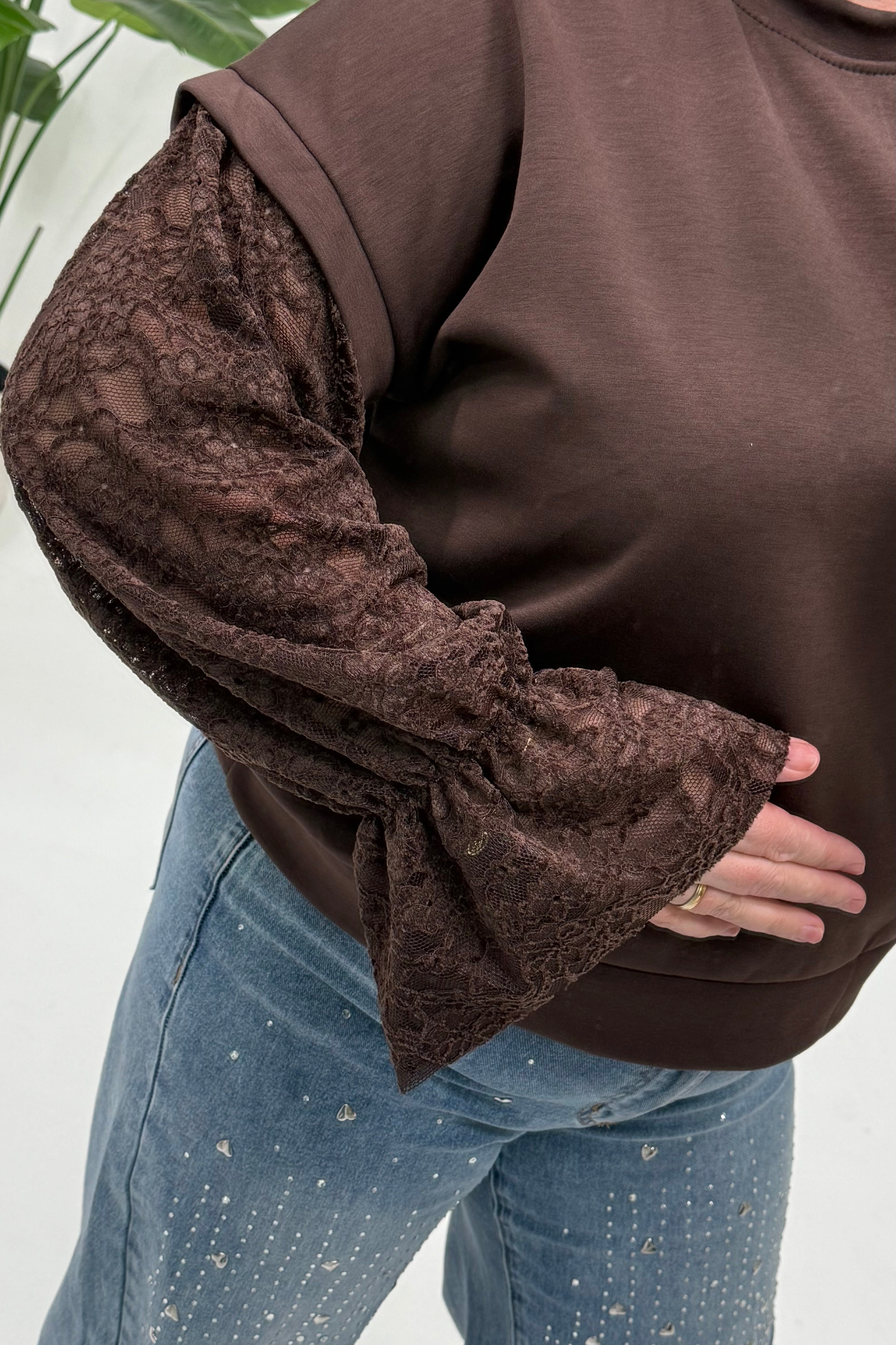 SWEATER MET LACE MOUW ESPRESSO