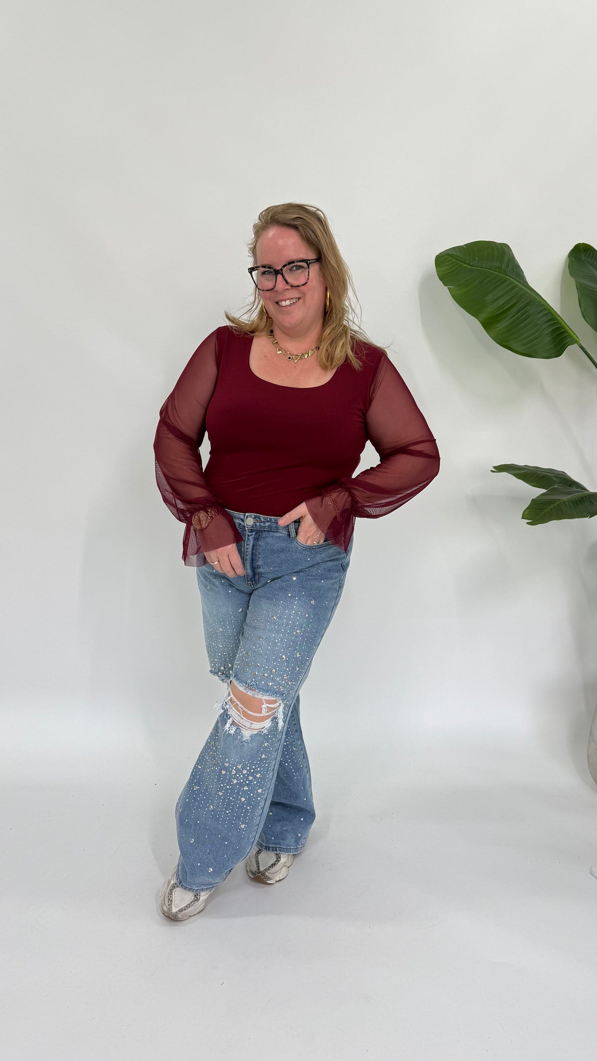 BODY MET MESH MOUWEN ZWART BORDEAUX