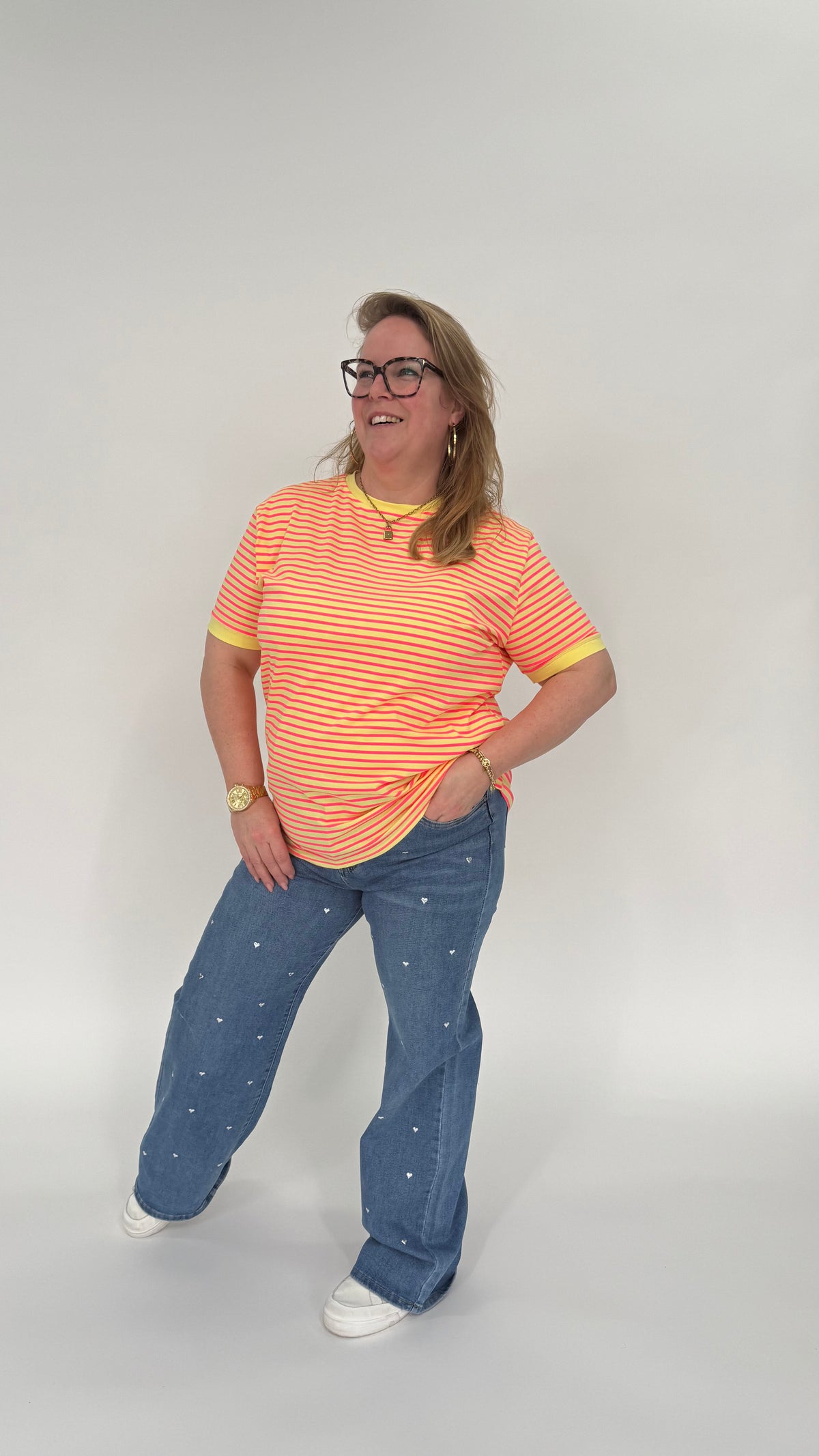 STREEPJES T-SHIRT GEEL/FUCHSIA