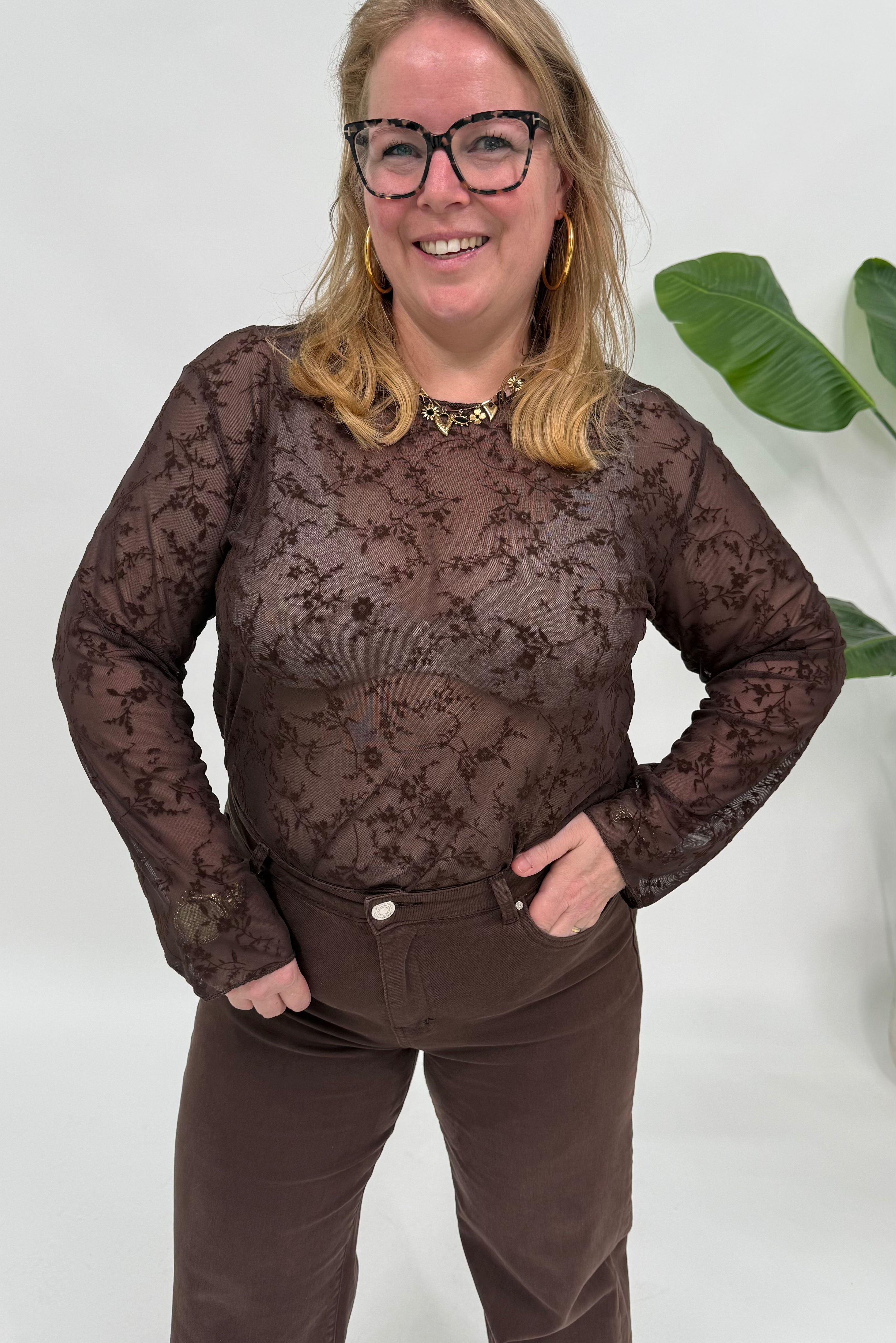 LACE TOP FLOWERS ESPRESSO