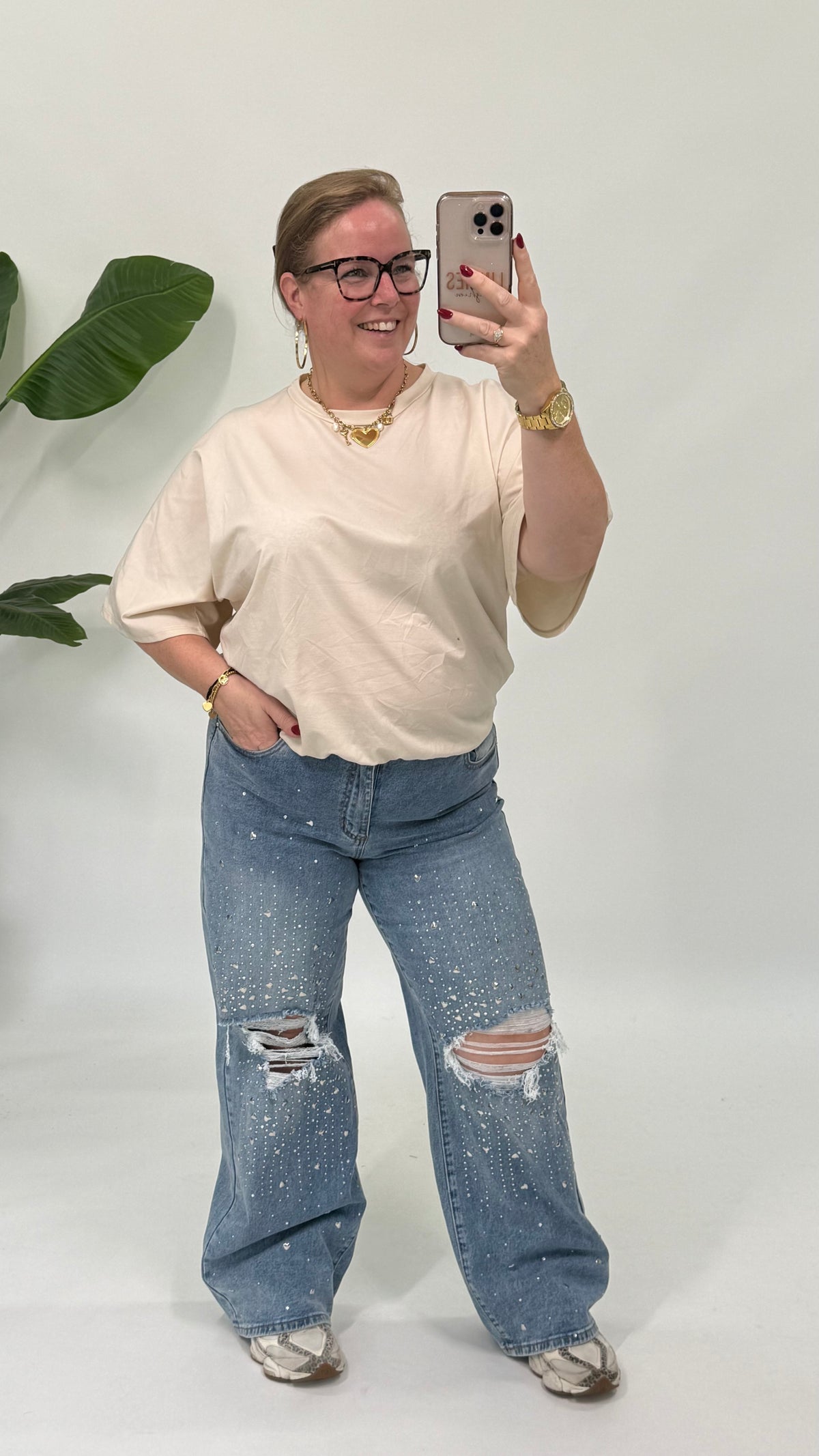 T-SHIRT MET ELASTIEK BEIGE
