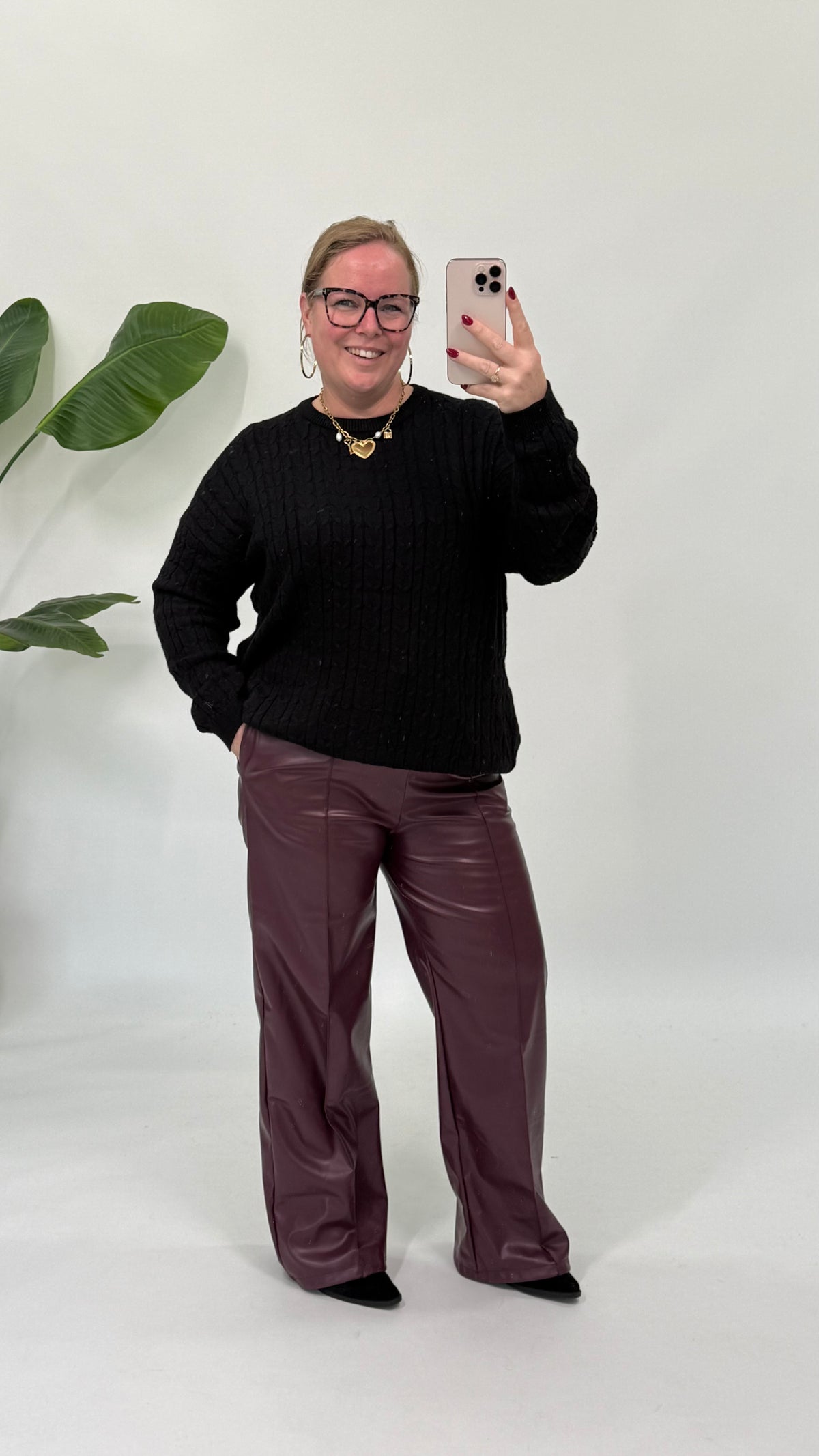 LEATHER LOOK PANTALON BURGUNDY