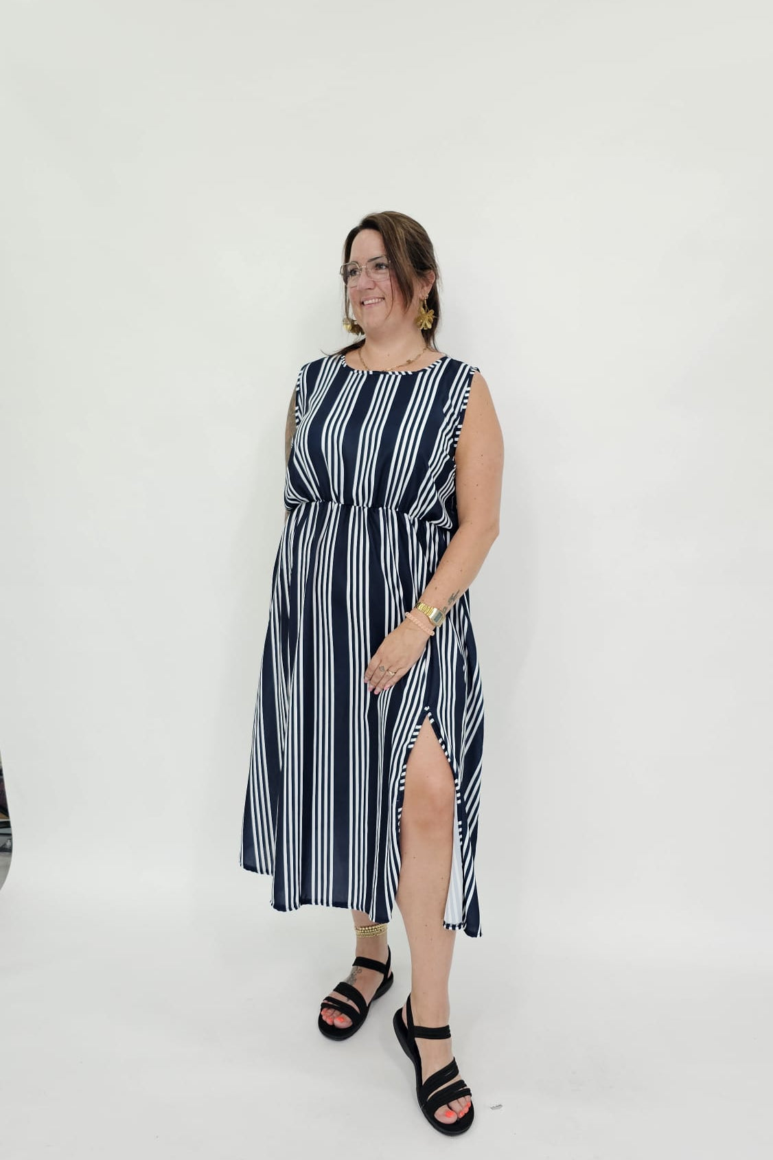 STREEPJES JURK MOUWLOOS MARINE/WIT