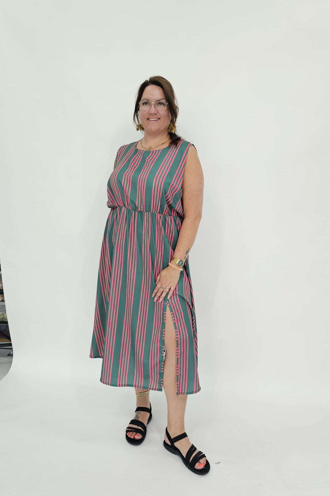 STREEPJES JURK MOUWLOOS GROEN/ROZE